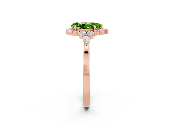 Rose gold Pear Cut Peridot Halo Ring with Pear Side Stones and Prong Setting