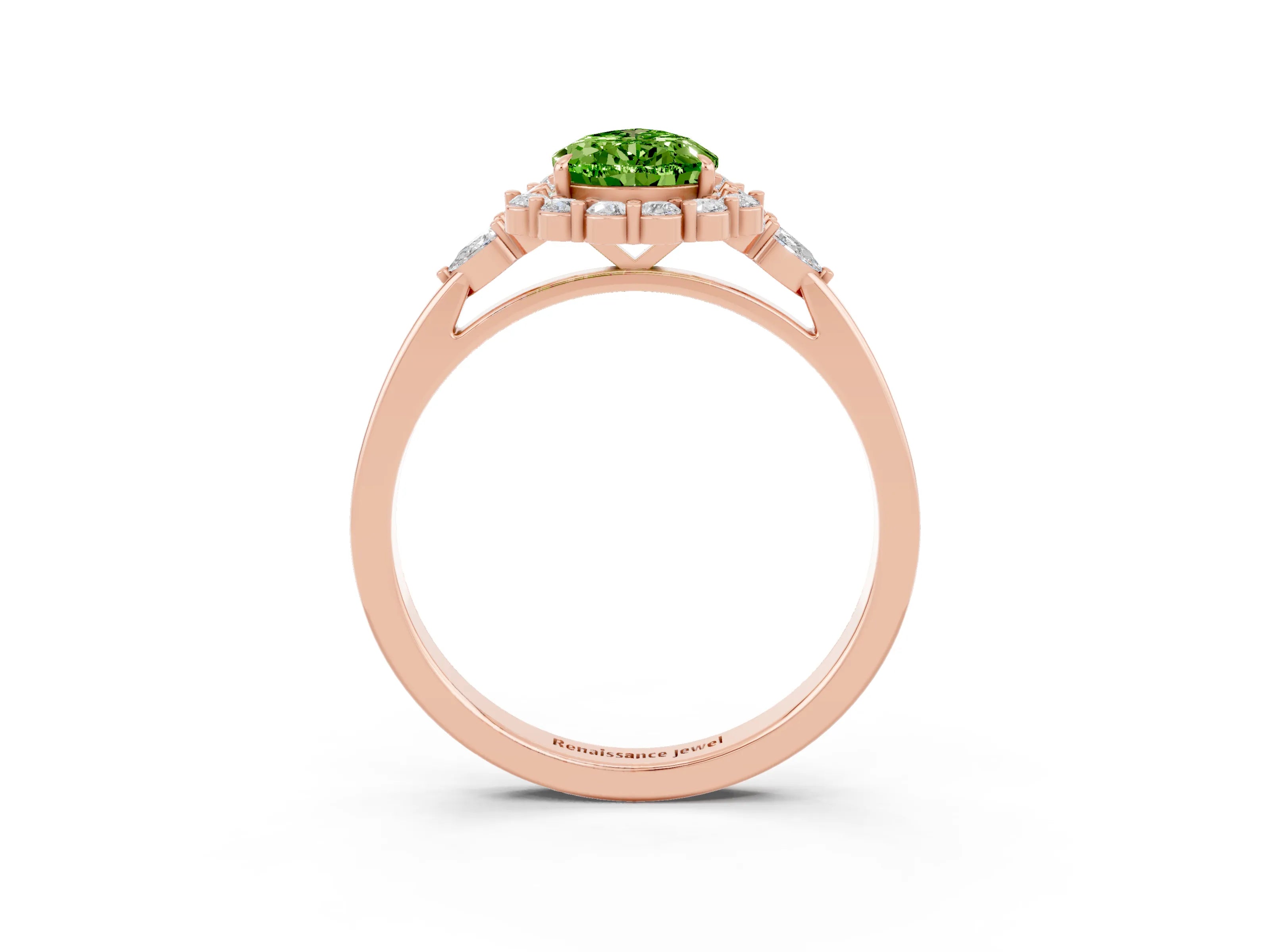 Rose gold Pear Cut Peridot Halo Ring with Pear Side Stones and Prong Setting_15