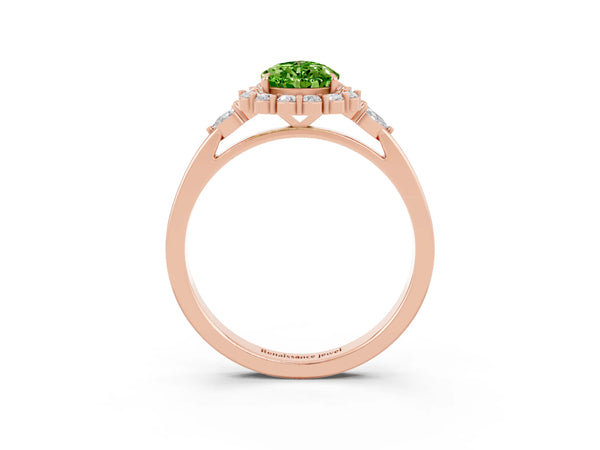Rose gold Pear Cut Peridot Halo Ring with Pear Side Stones and Prong Setting