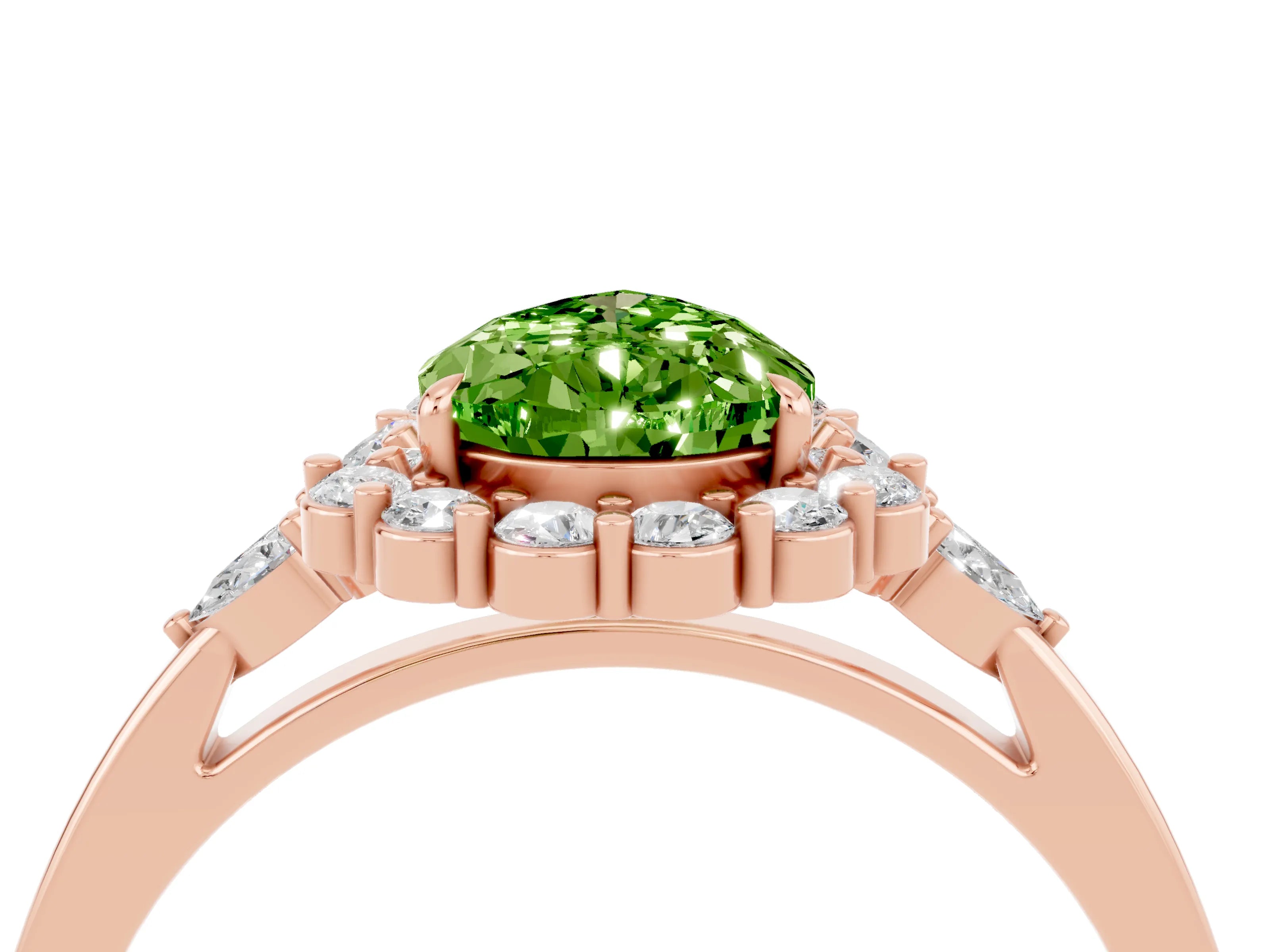 Rose gold Pear Cut Peridot Halo Ring with Pear Side Stones and Prong Setting_16