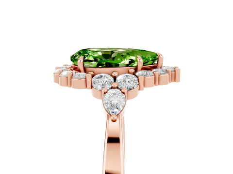 Rose gold Pear Cut Peridot Halo Ring with Pear Side Stones and Prong Setting_17
