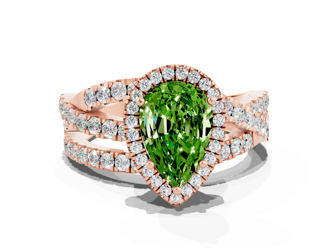 Rose gold Pear Cut Peridot Halo Ring with Round Split Shank and Prong Setting_48
