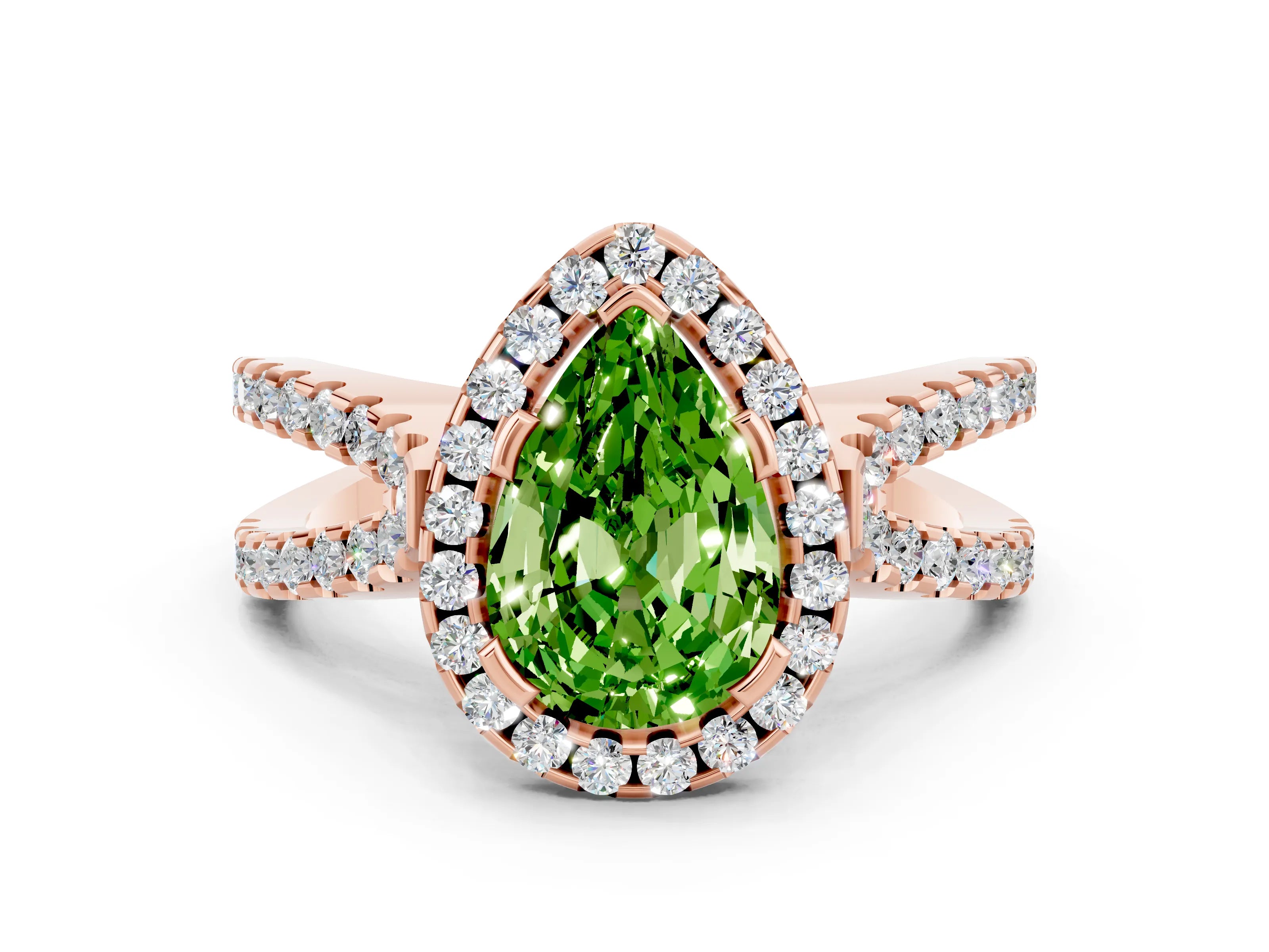 Rose gold Pear Cut Peridot Halo Ring with Split Shank Pavé Band and Prong Setting