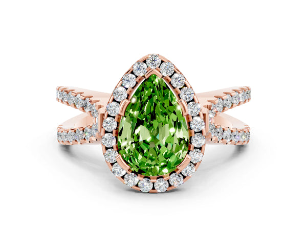 Rose gold Pear Cut Peridot Halo Ring with Split Shank Pavé Band and Prong Setting