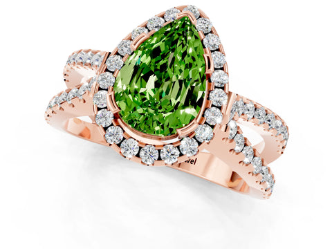 Rose gold Pear Cut Peridot Halo Ring with Split Shank Pavé Band and Prong Setting_1