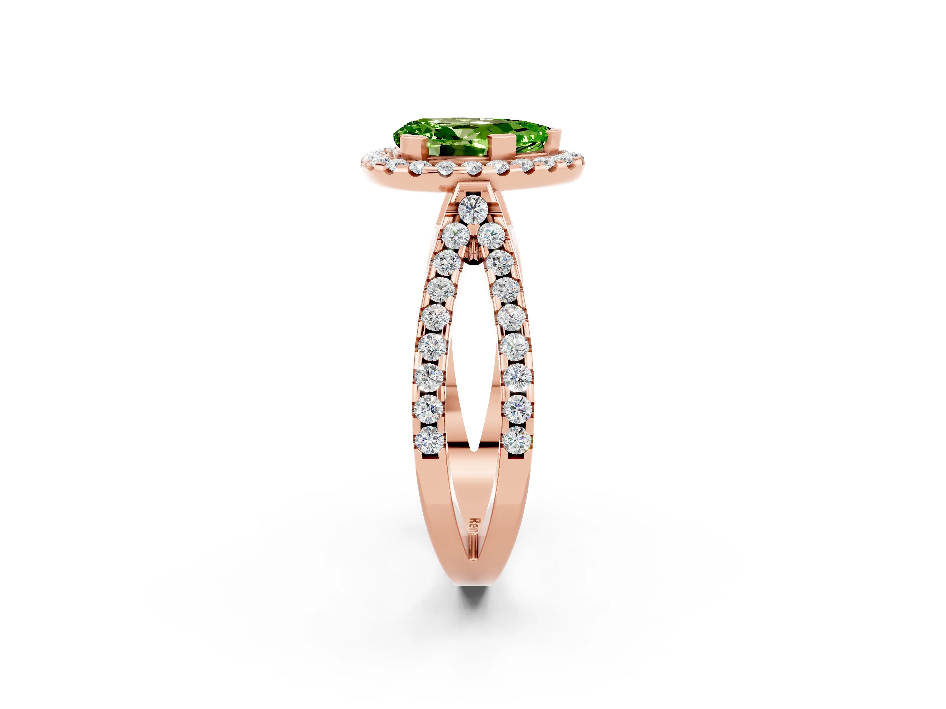 Rose gold Pear Cut Peridot Halo Ring with Split Shank Pavé Band and Prong Setting_2
