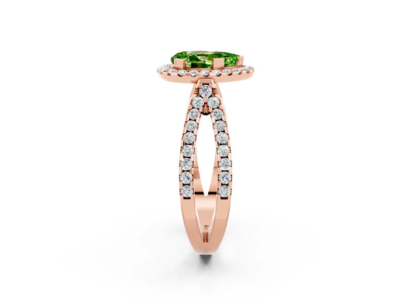 Rose gold Pear Cut Peridot Halo Ring with Split Shank Pavé Band and Prong Setting