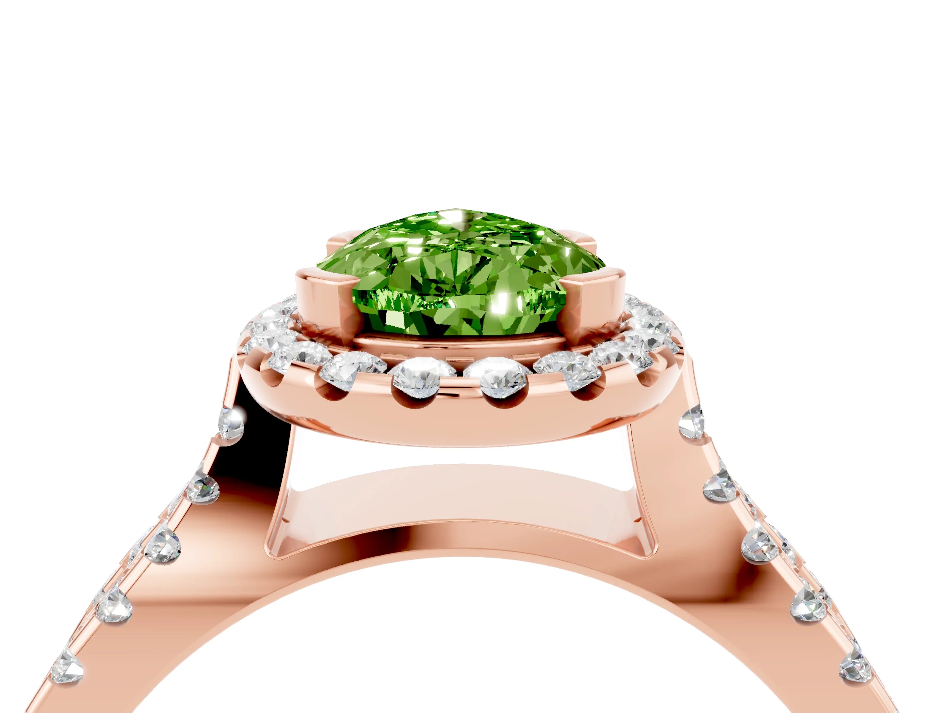 Rose gold Pear Cut Peridot Halo Ring with Split Shank Pavé Band and Prong Setting_4