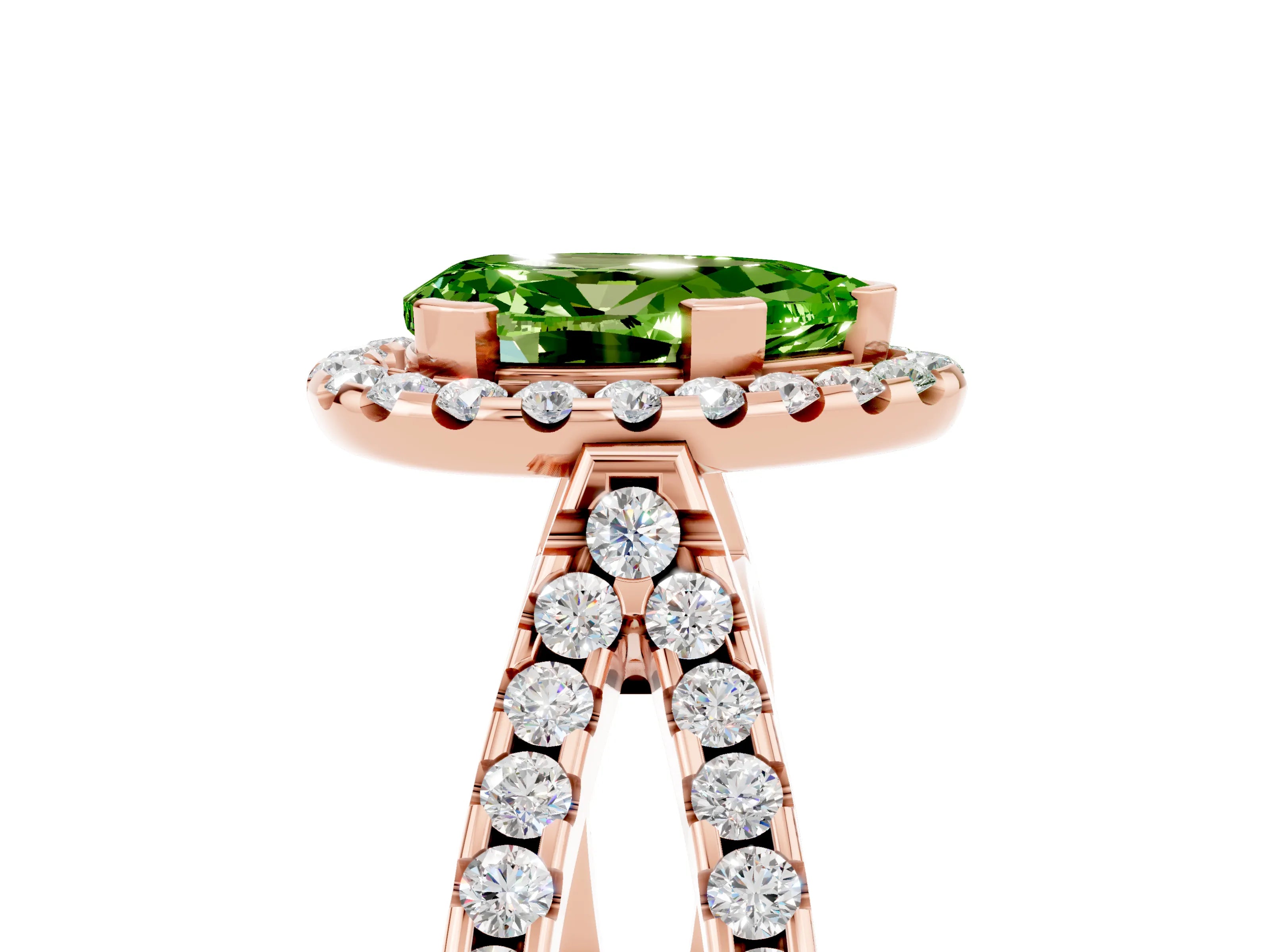 Rose gold Pear Cut Peridot Halo Ring with Split Shank Pavé Band and Prong Setting_5