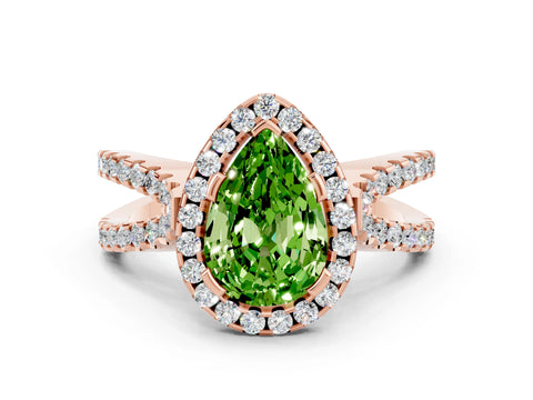 Rose gold Pear Cut Peridot Halo Ring with Split Shank Pavé Band and Prong Setting