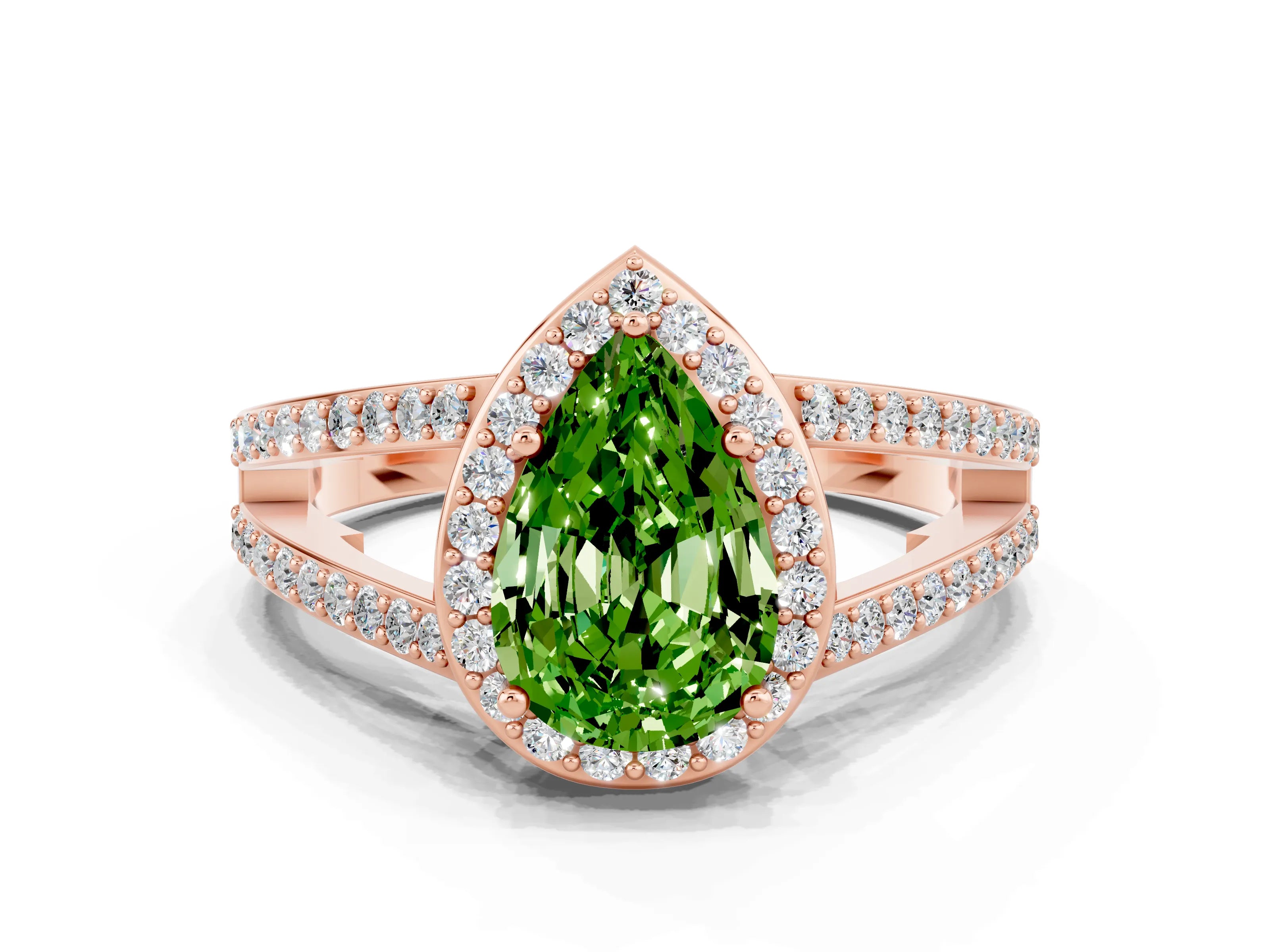 Rose gold Pear Cut Peridot Halo Ring with Split Shank U-Prong Band and Four-Prong Setting