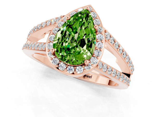 Rose gold Pear Cut Peridot Halo Ring with Split Shank U-Prong Band and Four-Prong Setting