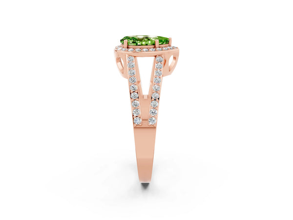 Rose gold Pear Cut Peridot Halo Ring with Split Shank U-Prong Band and Four-Prong Setting