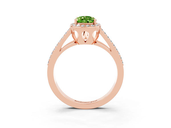 Rose gold Pear Cut Peridot Halo Ring with Split Shank U-Prong Band and Four-Prong Setting