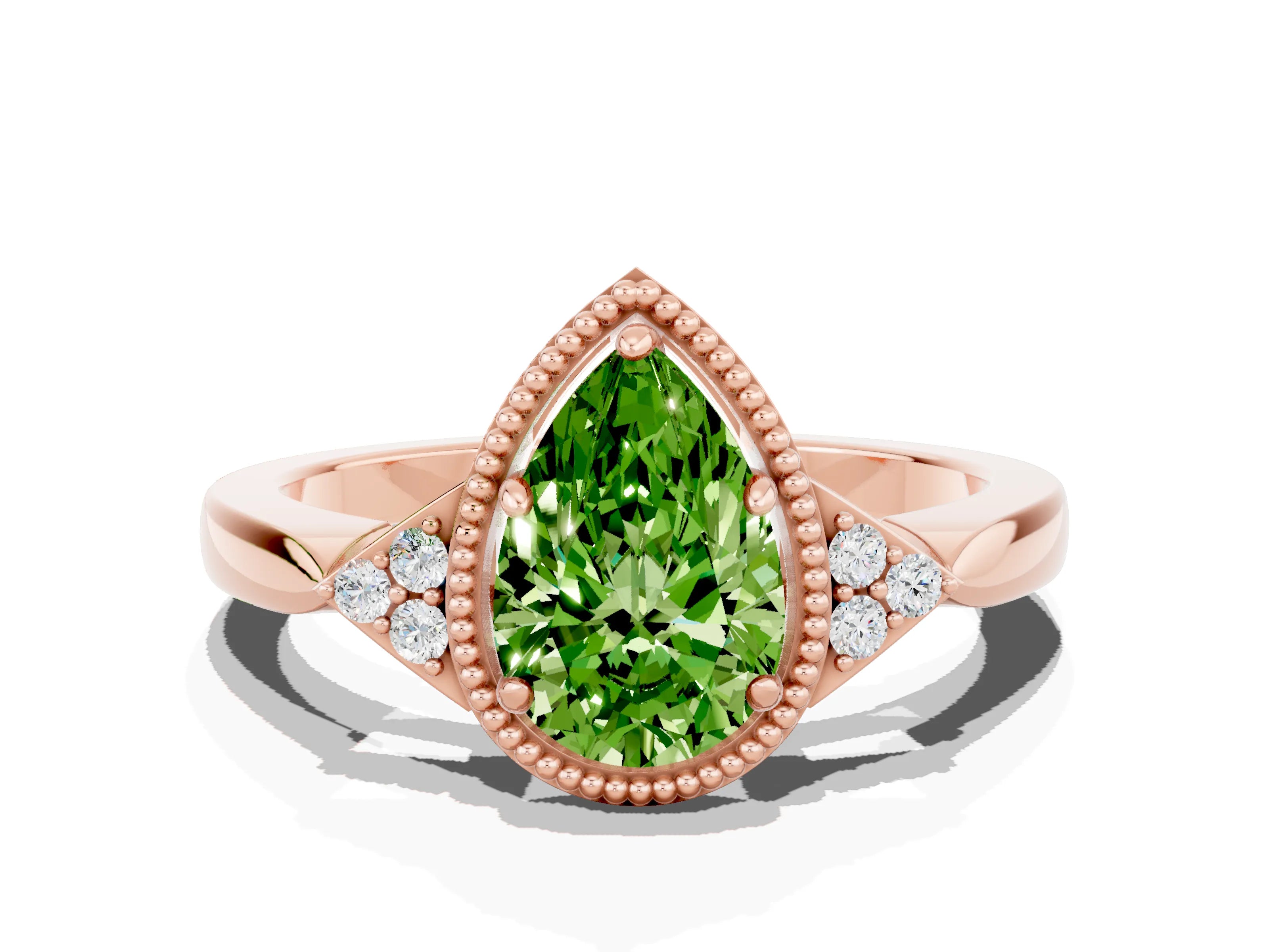 Rose gold Pear Cut Peridot Halo Ring with Tapered Band and Four-Prong Setting