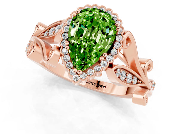 Rose gold Pear Cut Peridot Halo Ring with Vintage Split Shank and Four-Prong Setting