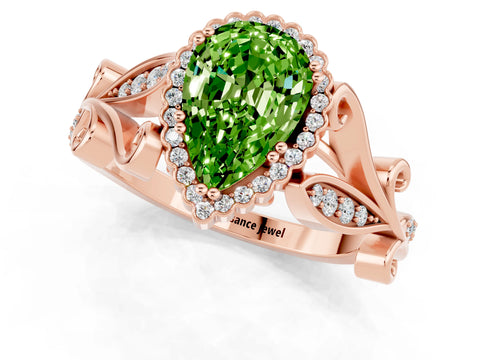 Rose gold Pear Cut Peridot Halo Ring with Vintage Split Shank and Four-Prong Setting_1