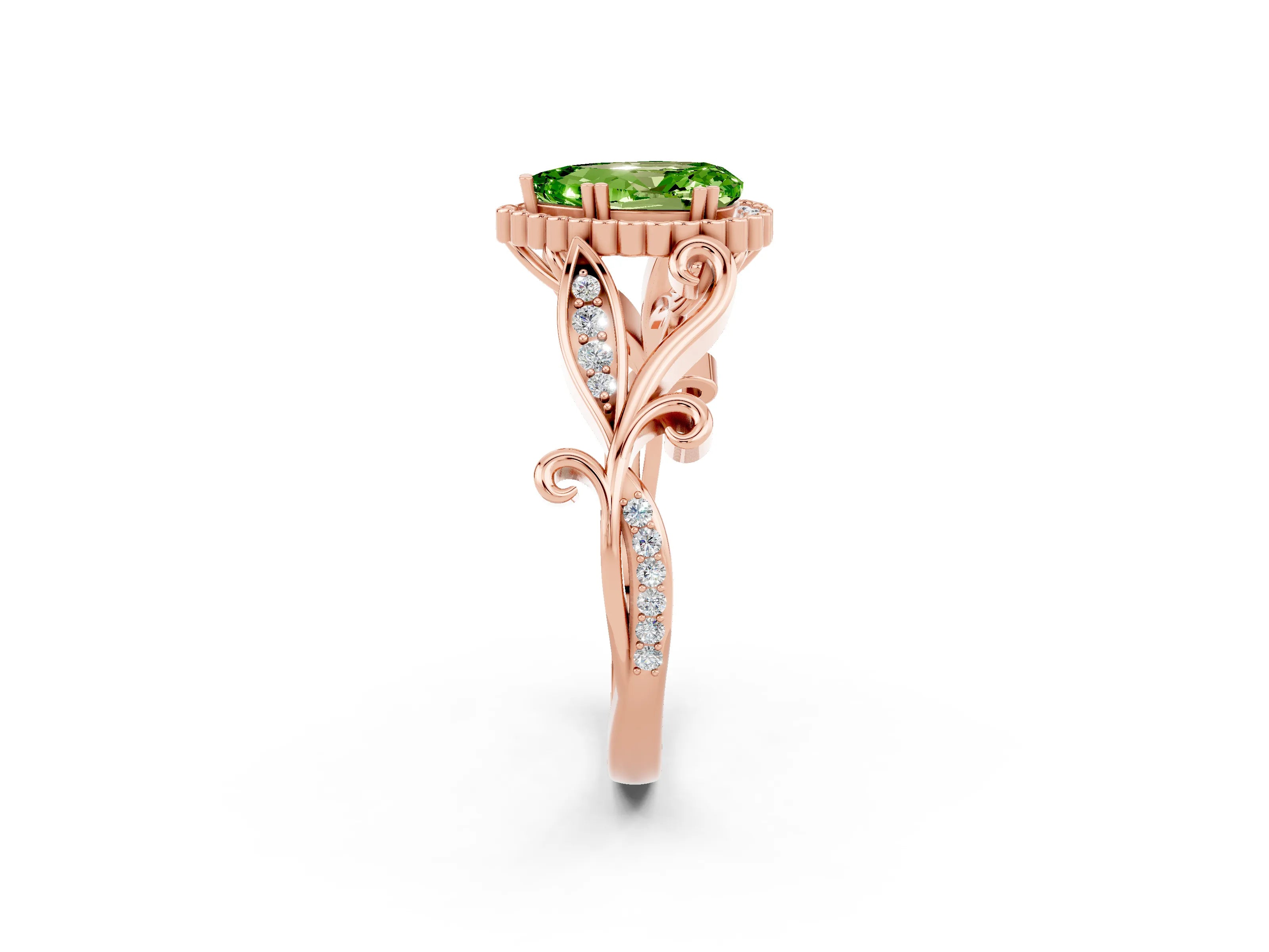 Rose gold Pear Cut Peridot Halo Ring with Vintage Split Shank and Four-Prong Setting_2