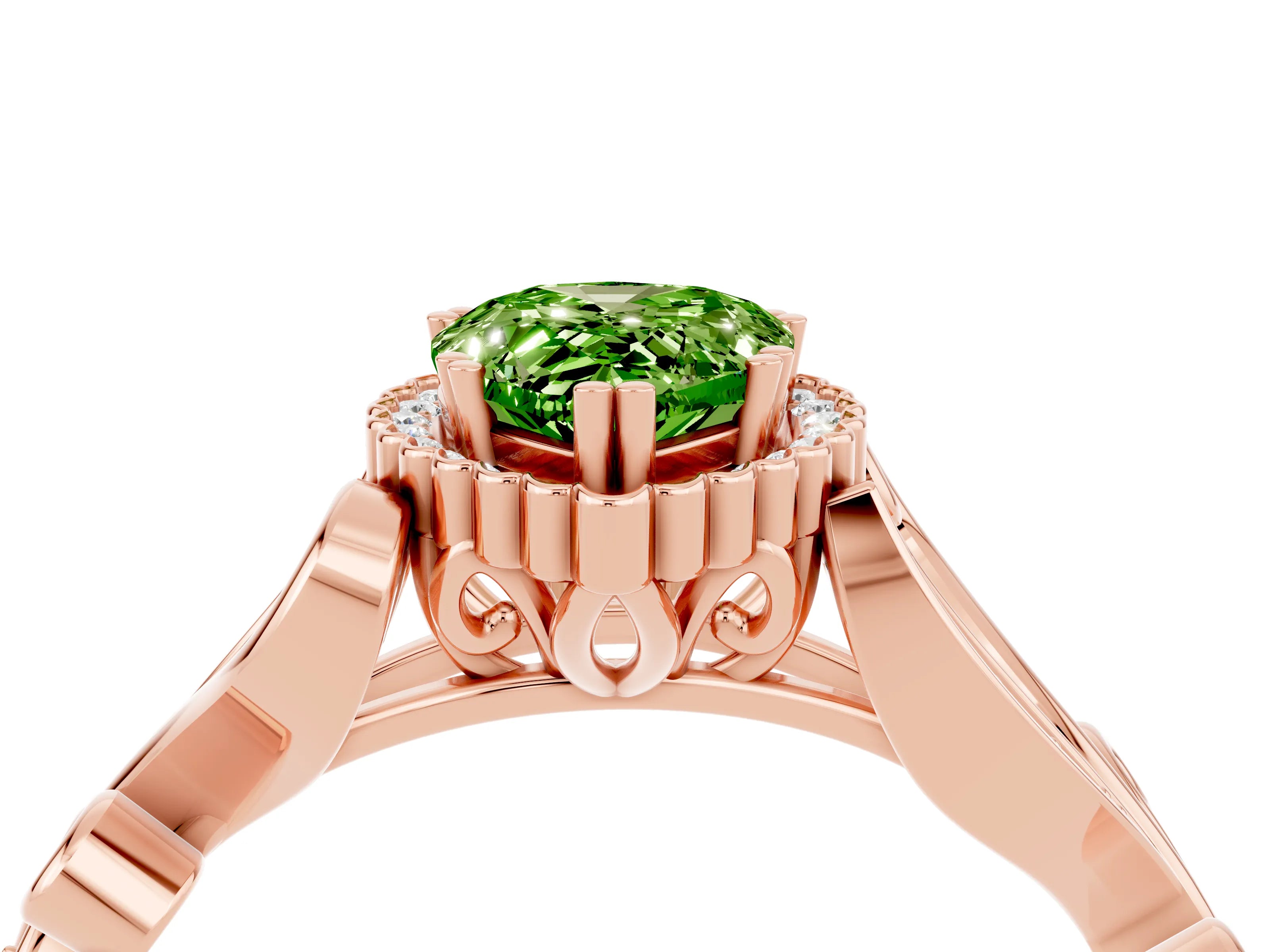 Rose gold Pear Cut Peridot Halo Ring with Vintage Split Shank and Four-Prong Setting_4