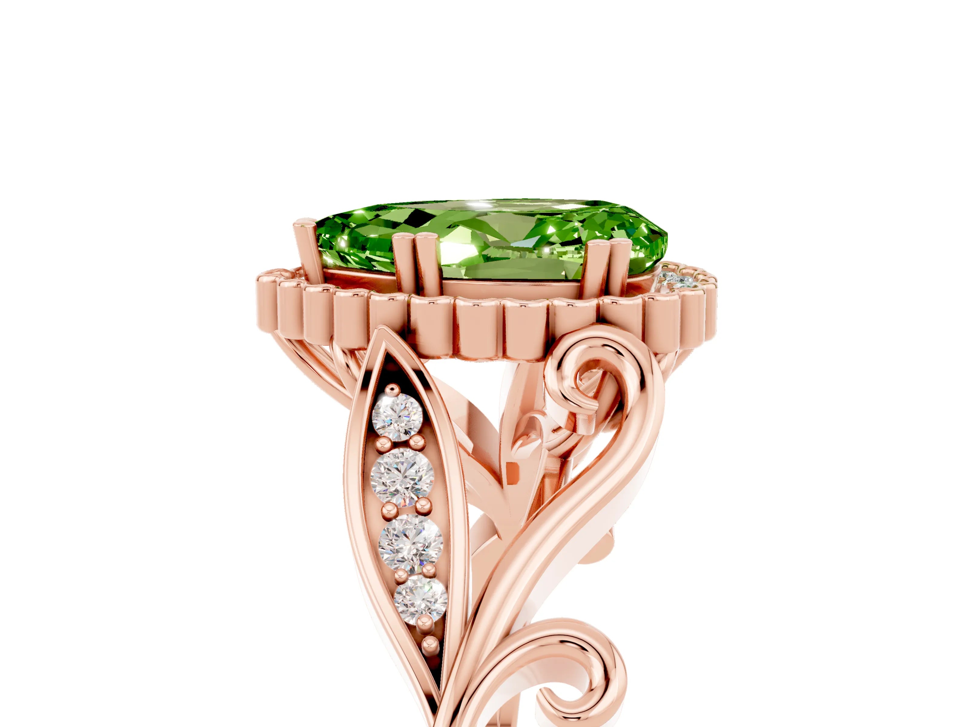 Rose gold Pear Cut Peridot Halo Ring with Vintage Split Shank and Four-Prong Setting_5