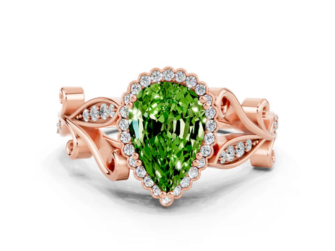 Rose gold Pear Cut Peridot Halo Ring with Vintage Split Shank and Four-Prong Setting