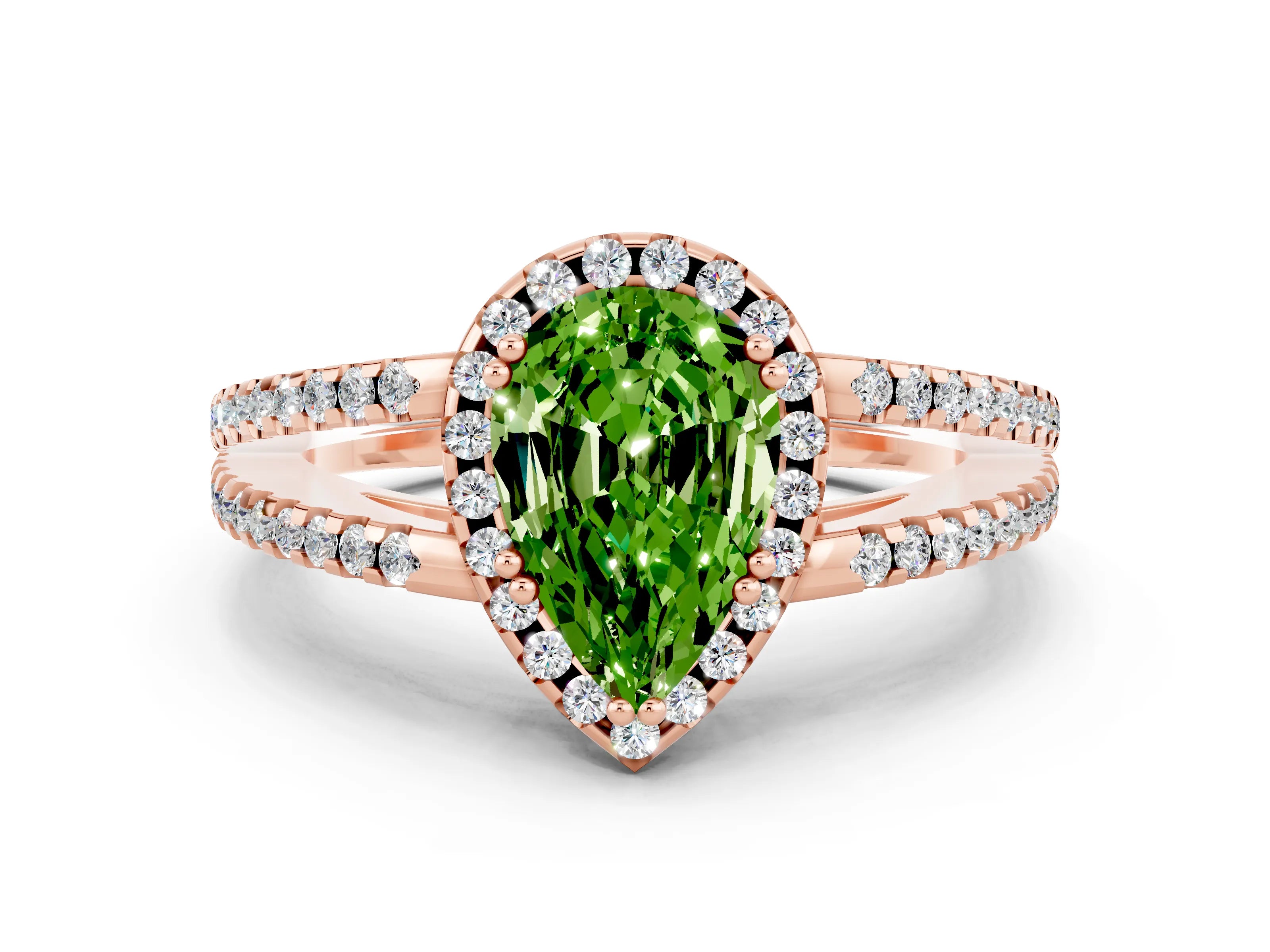 Rose gold Pear Cut Peridot Halo Split Shank Engagement Ring_12