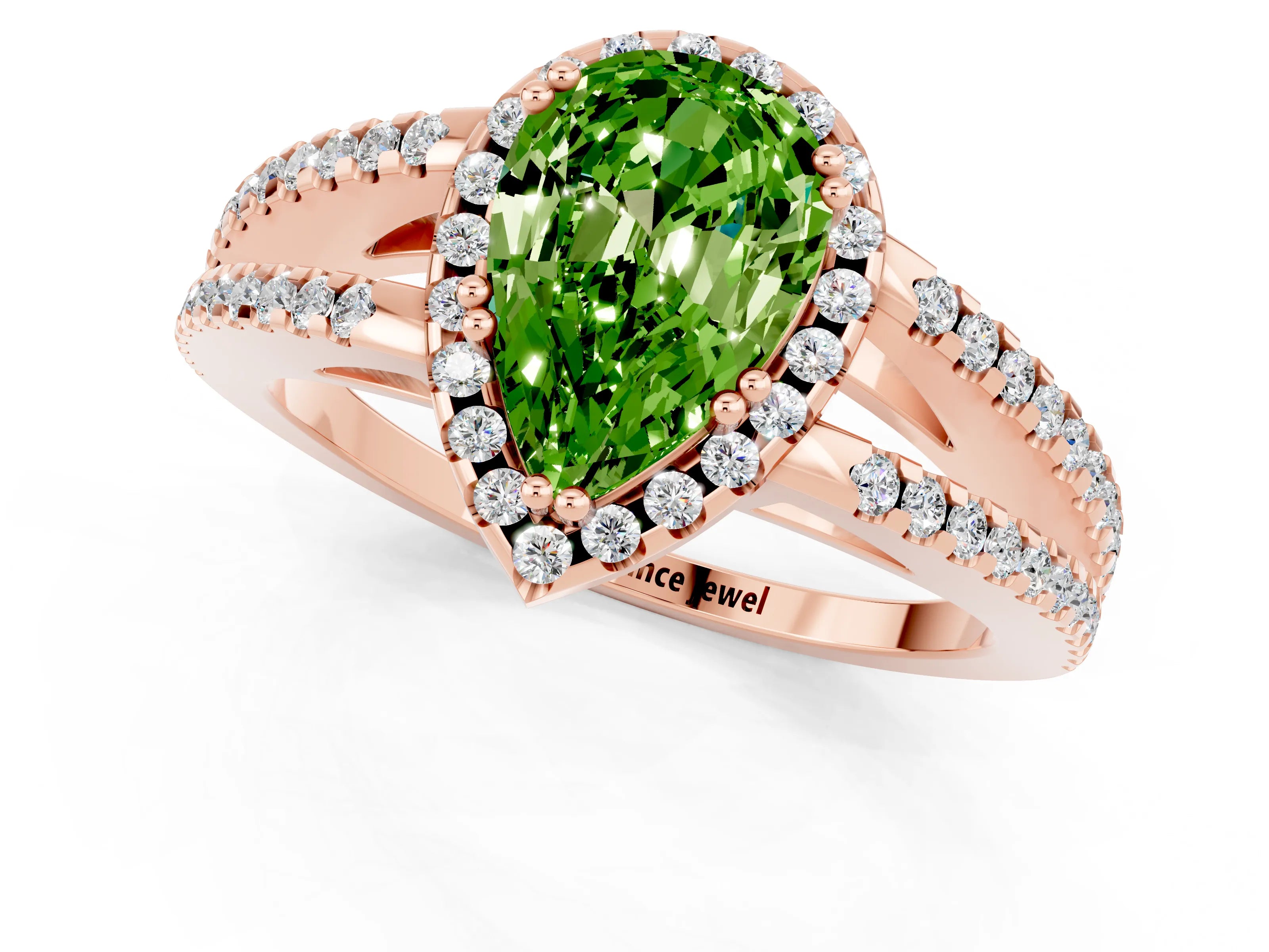 Rose gold Pear Cut Peridot Halo Split Shank Engagement Ring_13