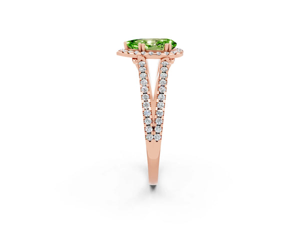 Rose gold Pear Cut Peridot Halo Split Shank Engagement Ring