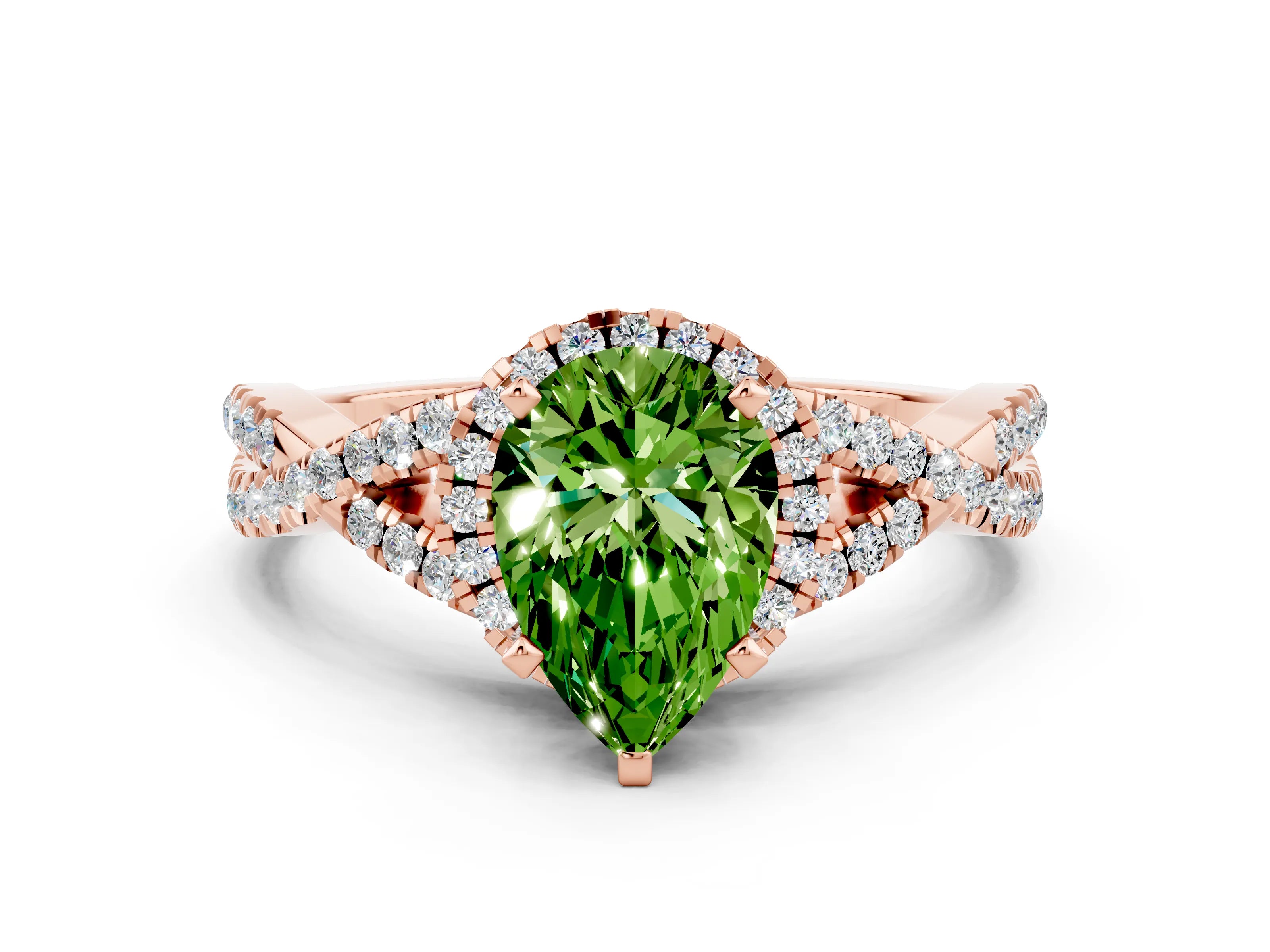 Rose gold Pear Cut Peridot Halo Twist Band Solitaire Prong Setting Ring