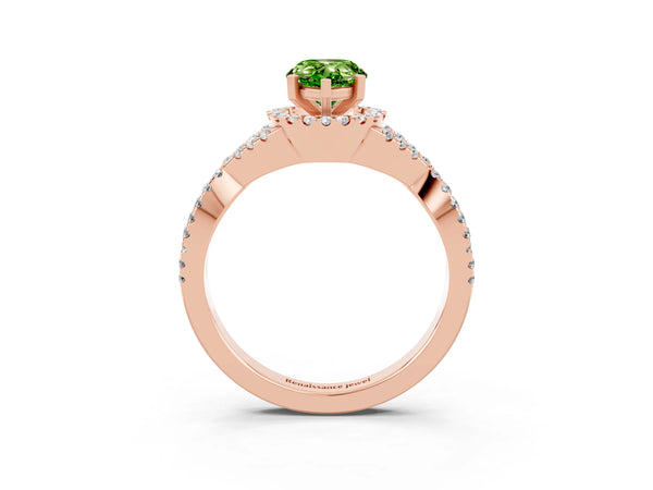 Rose gold Pear Cut Peridot  Halo Twist Band Solitaire Prong Setting Ring