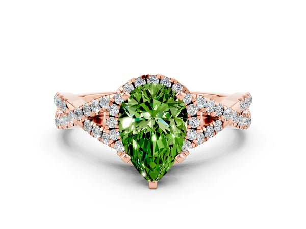 Rose gold Pear Cut Peridot  Halo Twist Band Solitaire Prong Setting Ring