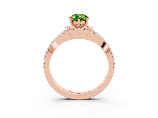 Rose gold Pear Cut Peridot  Halo Twist Band Solitaire Prong Setting Ring