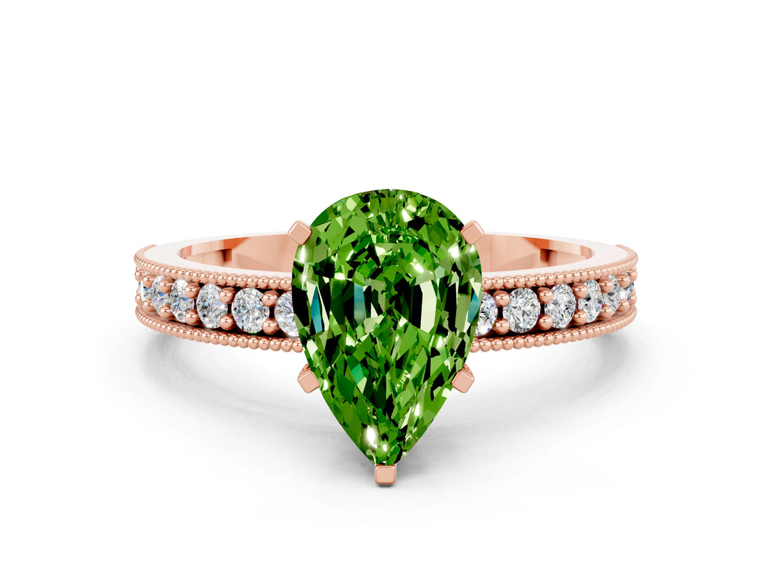 Rose gold Pear Cut Peridot Milgrain Pavé Engagement Ring with Four-Prong Setting