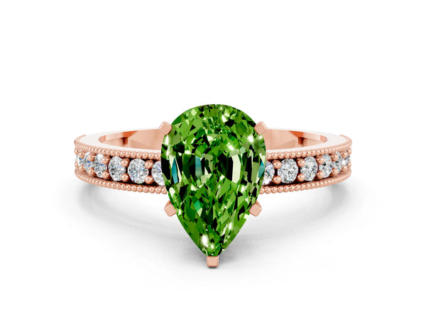 Rose gold Pear Cut Peridot Milgrain Pavé Engagement Ring with Four-Prong Setting