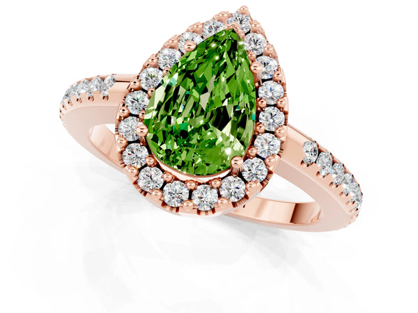 Rose gold Pear Cut Peridot Pavé Halo Ring with Four-Prong Setting