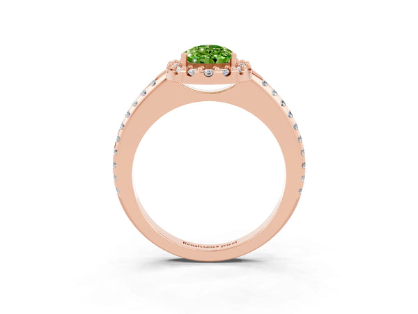 Rose gold Pear Cut Peridot Pavé Halo Ring with Four-Prong Setting