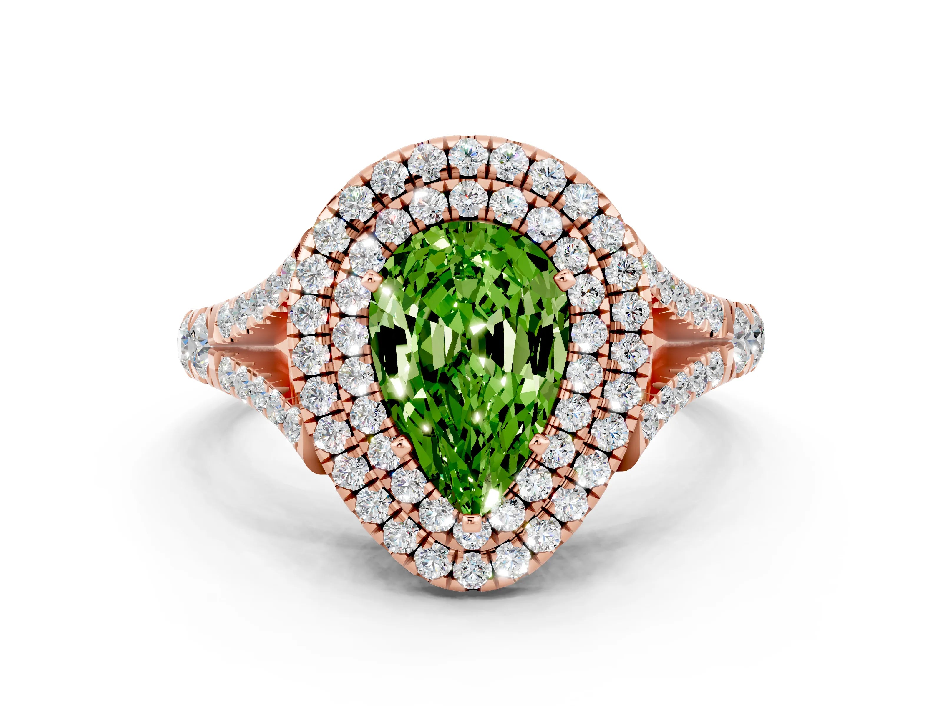 Rose gold Pear Cut Peridot Pavé Split Shank Double Halo Engagement Ring