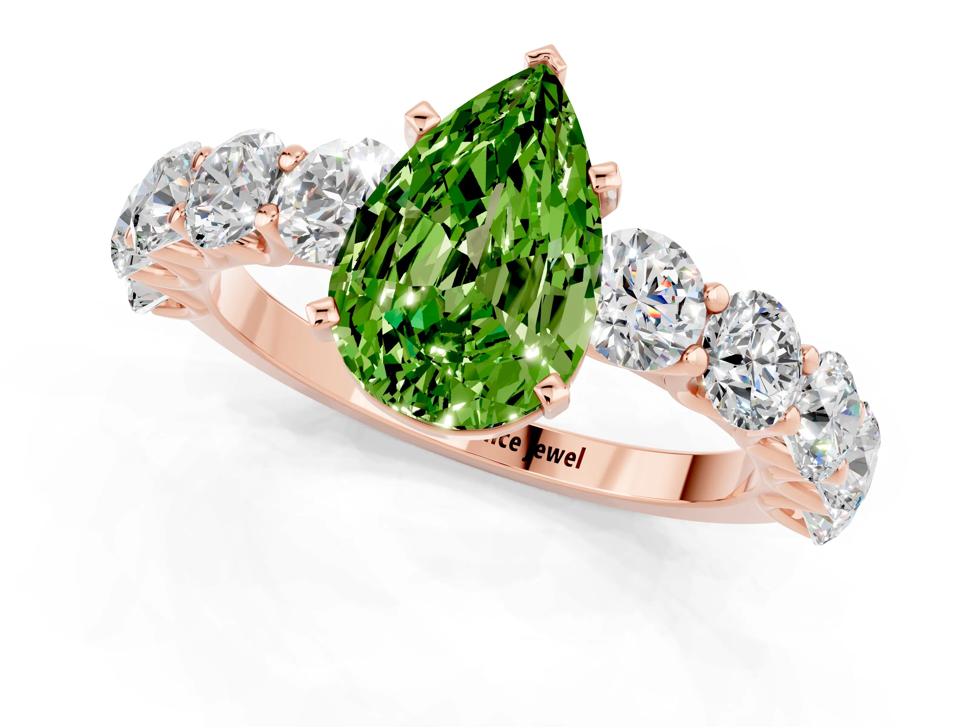 Rose gold Pear Cut Peridot Prong Setting with Side Stones on a Pave Band_1