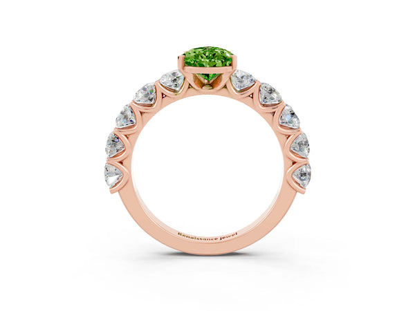 Rose gold Pear Cut Peridot Prong Setting with Side Stones on a Pave Band