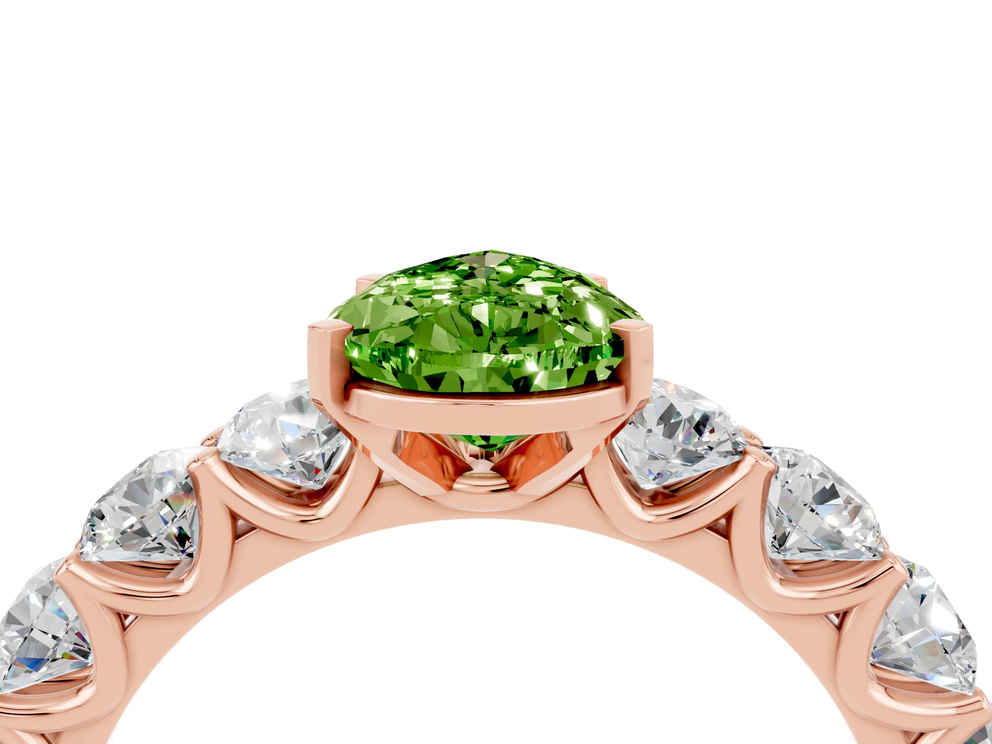 Rose gold Pear Cut Peridot Prong Setting with Side Stones on a Pave Band_4