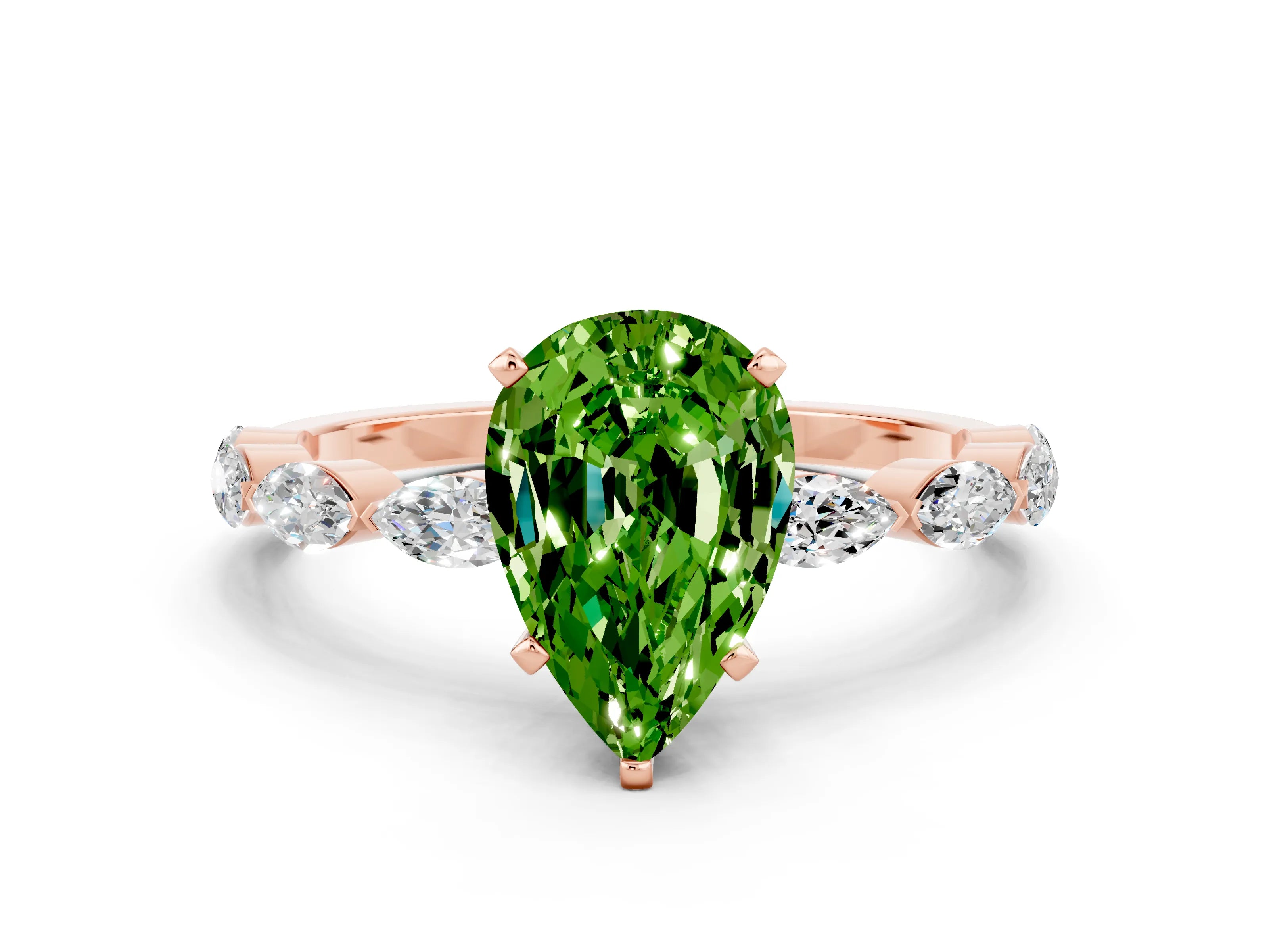 Rose gold Pear Cut Peridot Ring with Marquise Side Stones and Prong Setting