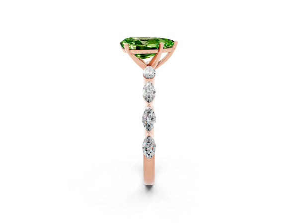 Rose gold Pear Cut Peridot Ring with Marquise Side Stones and Prong Setting