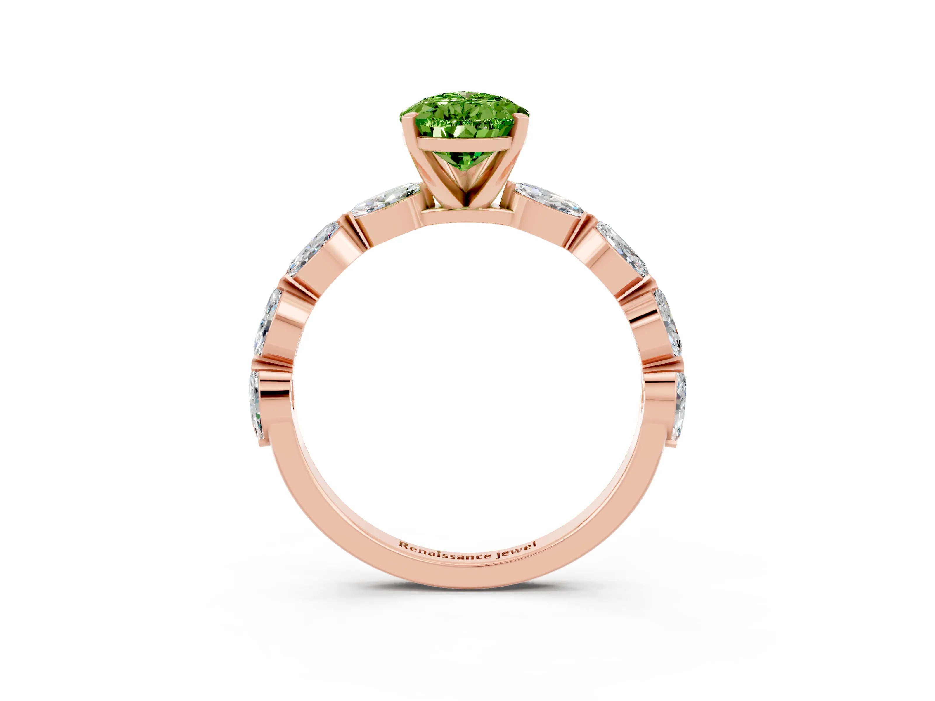 Rose gold Pear Cut Peridot Ring with Marquise Side Stones and Prong Setting_3