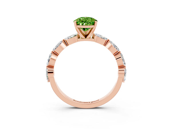 Rose gold Pear Cut Peridot Ring with Marquise Side Stones and Prong Setting