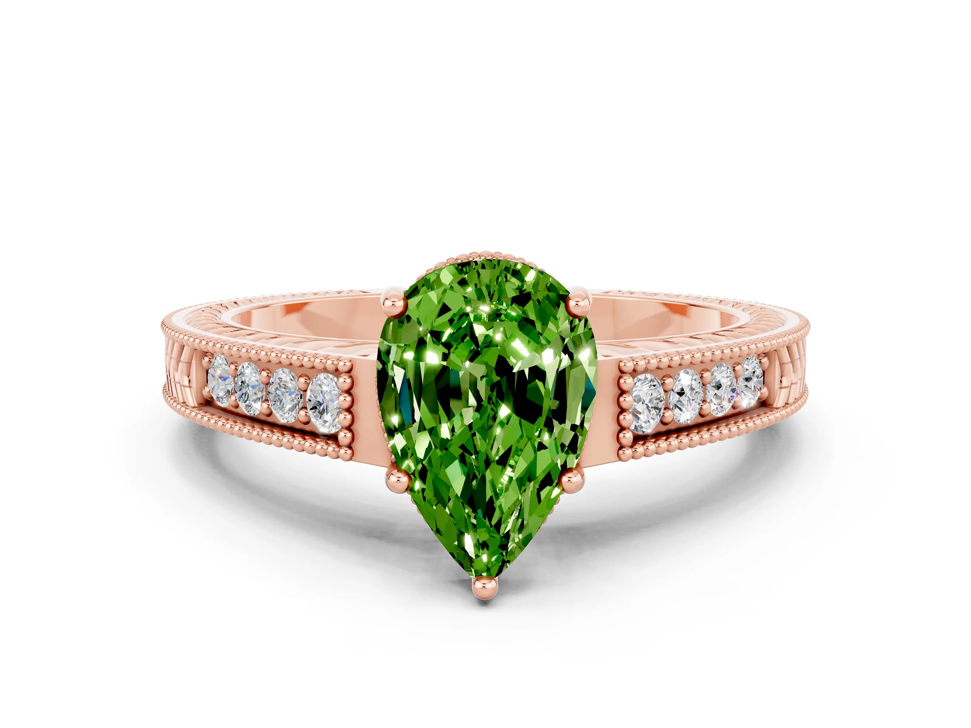 Rose gold Pear Cut Peridot Ring with Milgrain Pavé Band and Four-Prong Setting_12