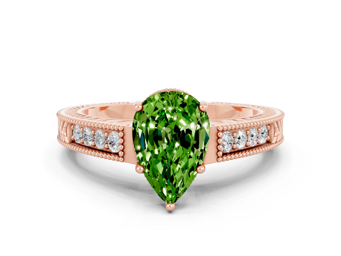 Rose gold Pear Cut Peridot Ring with Milgrain Pavé Band and Four-Prong Setting_12