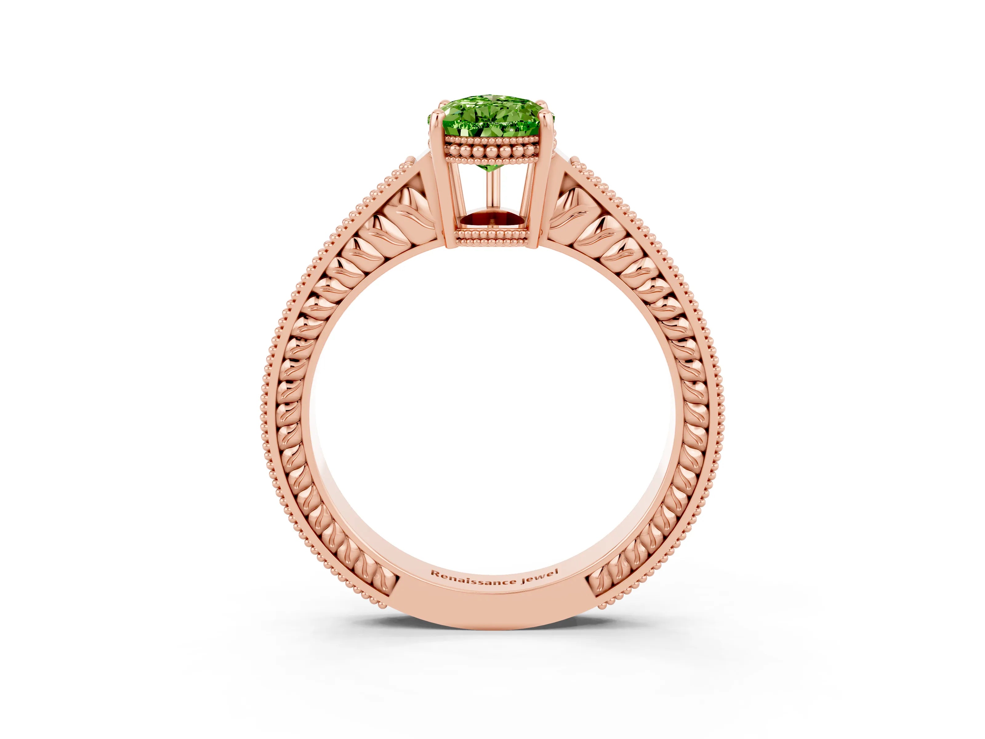 Rose gold Pear Cut Peridot Ring with Milgrain Pavé Band and Four-Prong Setting_15
