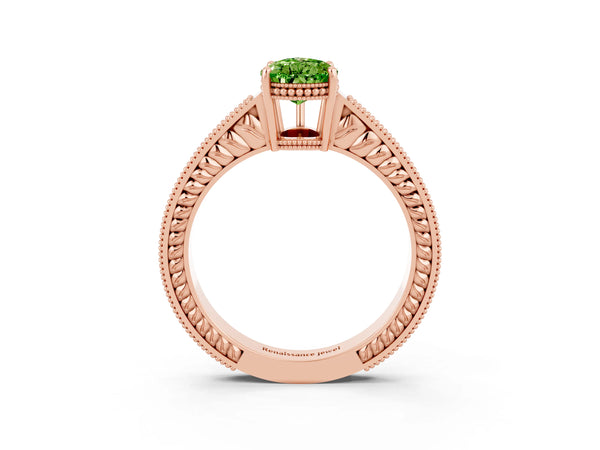 Rose gold Pear Cut Peridot Ring with Milgrain Pavé Band and Four-Prong Setting