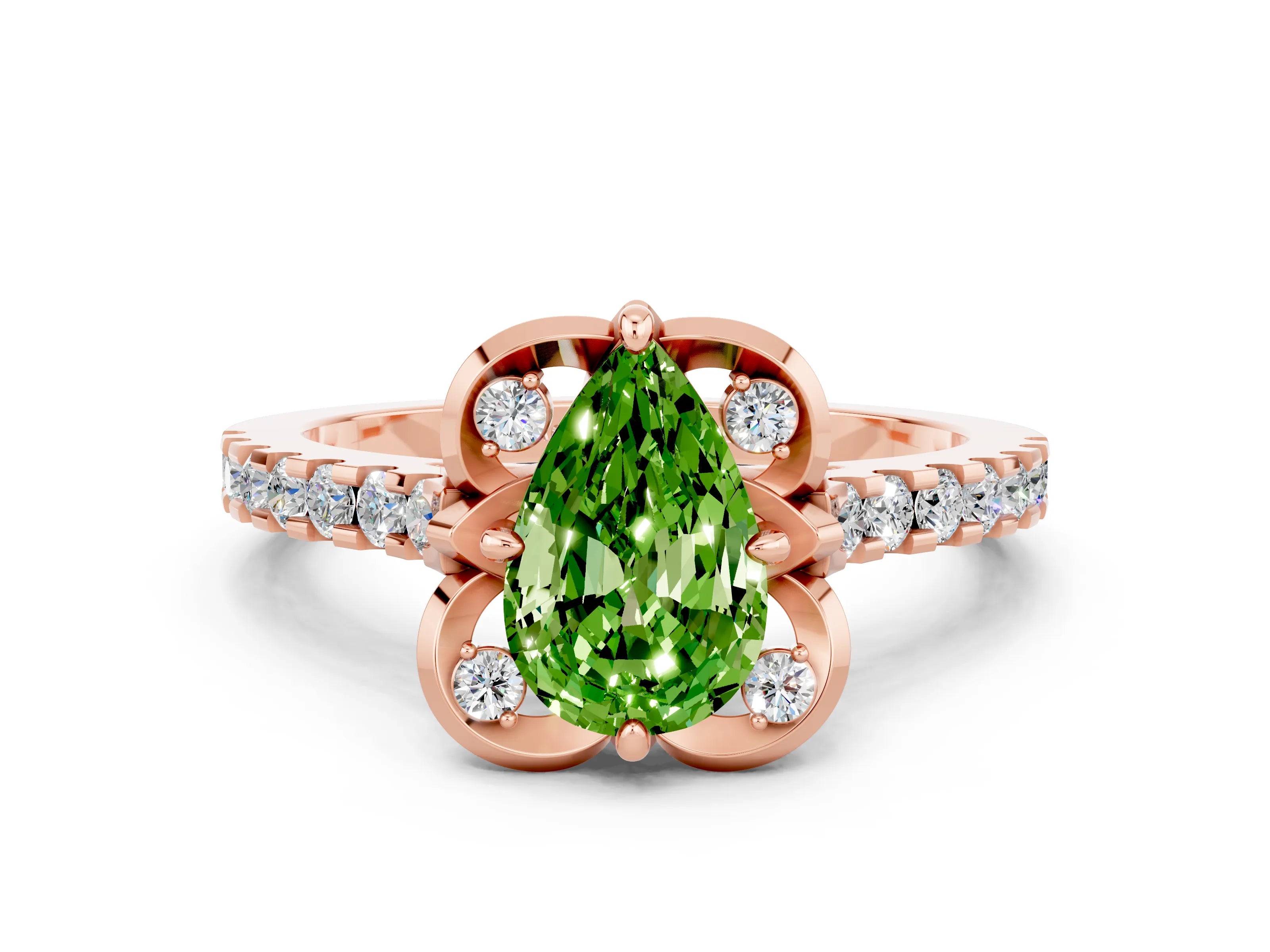 Rose gold Pear Cut Peridot Ring with Pavé Band and Floral Prong Setting