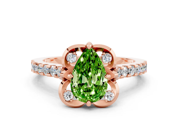 Rose gold Pear Cut Peridot Ring with Pavé Band and Floral Prong Setting
